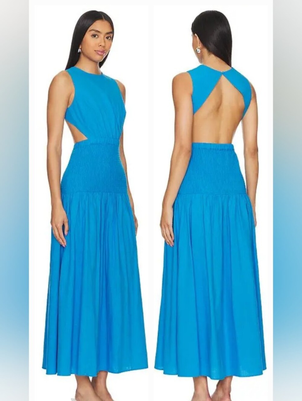 SNDYS Lottie Dress in Turquoise Blue Cotton Open Back Smocked Maxi Summer Dress